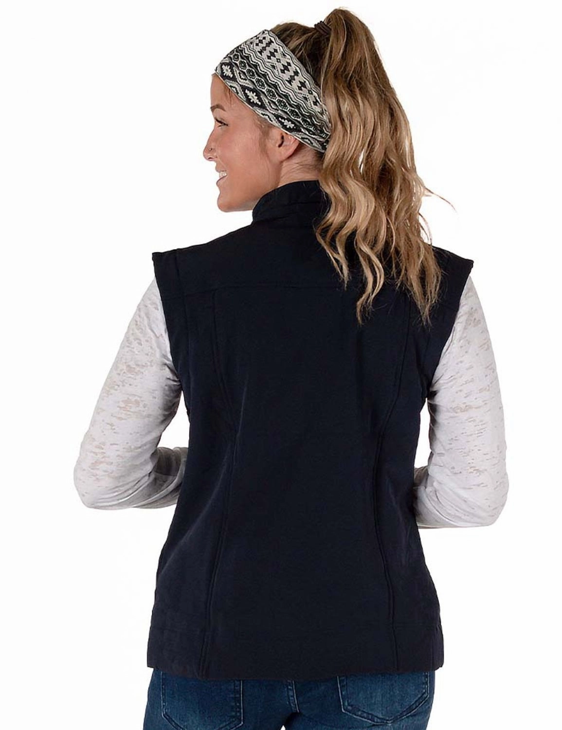 Cowgirl Tuff Womens Stretch Navy Nylon Softshell Vest Leather Bits Lightweight Layer