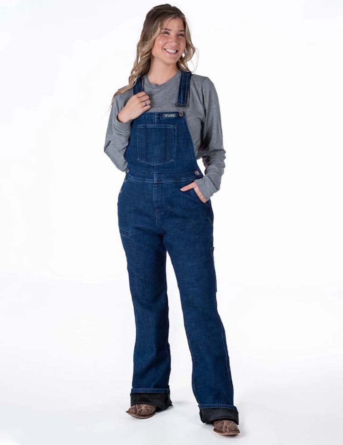 Cowgirl Tuff Womens Stretch Winter Dark Wash Cotton Blend Bib Overall Outdoor Style Staple Outer Chill Piece