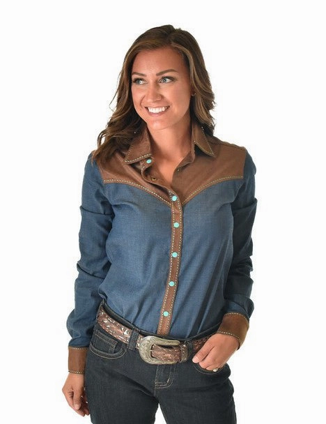 Cowgirl Tuff Womens Turquoise Thread Denim Tencel L/S Shirt Ultra Soft Interior Bold Statement