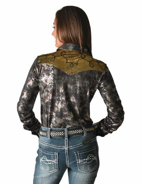 Low Profile Pocket Design Cowgirl Tuff Womens Western Metallic Black/Gold Polyester L/S Shirt