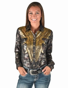 Cowgirl Tuff Womens Western Metallic Black/Gold Polyester L/S Shirt Affordable Fashion Button-up