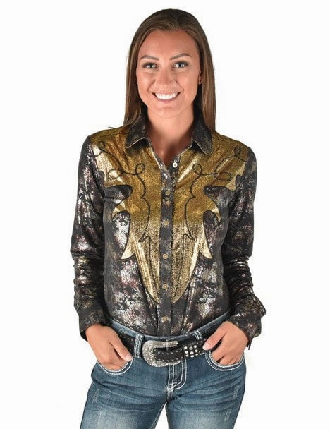 Split hem Cowgirl Tuff Womens Western Metallic Black/Gold Polyester L/S Shirt