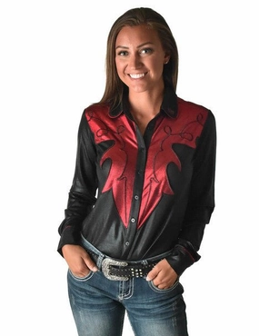Cowgirl Tuff Womens Western Metallic Black/Red Polyester L/S Shirt Flexible Shoulder Panels
