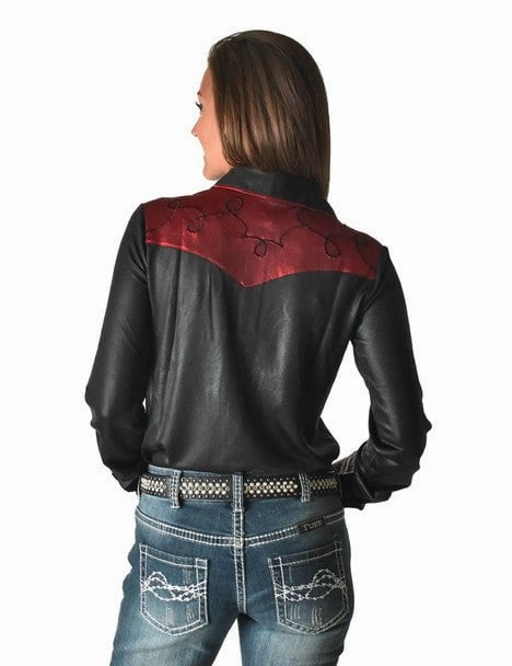 Holiday Travel Timeless Classic Cowgirl Tuff Womens Western Metallic Black/Red Polyester L/S Shirt