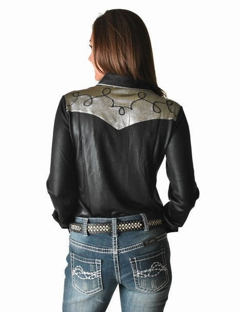Cowgirl Tuff Womens Western Metallic Black/Silver Polyester L/S Shirt tall size Unmatched comfort