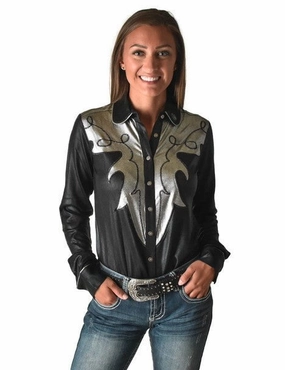 Cowgirl Tuff Womens Western Metallic Black/Silver Polyester L/S Shirt Anti Static Lining
