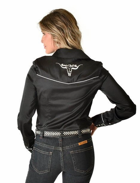 Cowgirl Tuff Womens White Satin Western Black Nylon L/S Shirt Indoor Comfort