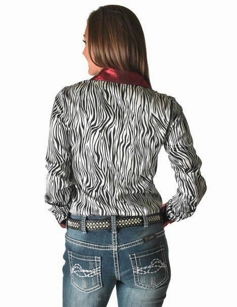 Cowgirl Tuff Womens Zebra Metallic Black/White Polyester L/S Shirt Modern Aesthetic Quick-Dry