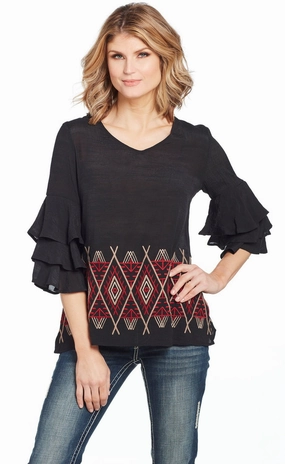 Cowgirl Up Womens Black/Red Rayon Geometric Ruffle Blouse S/S Durable Material