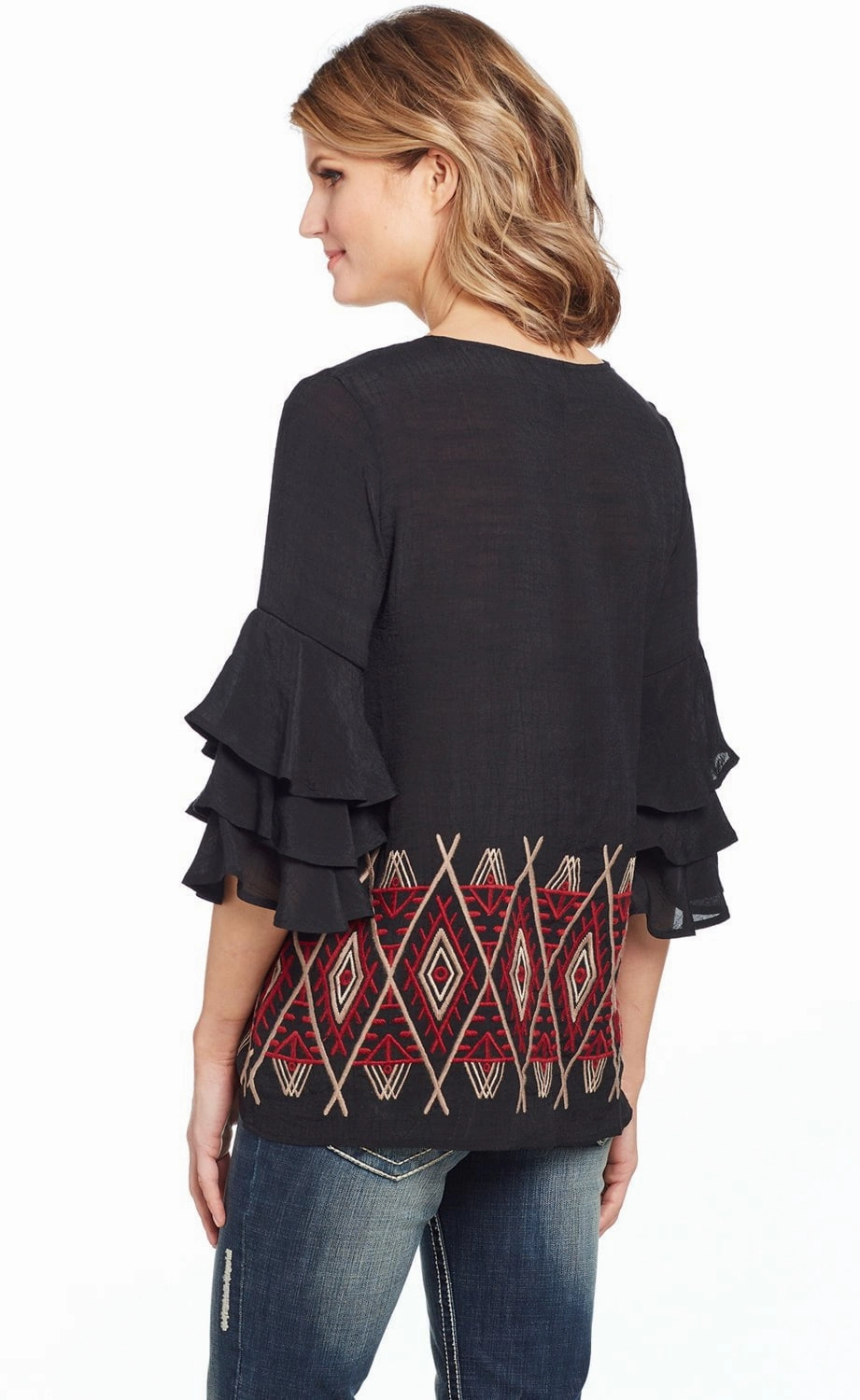 Bold Hue Cowgirl Up Womens Black/Red Rayon Geometric Ruffle Blouse S/S