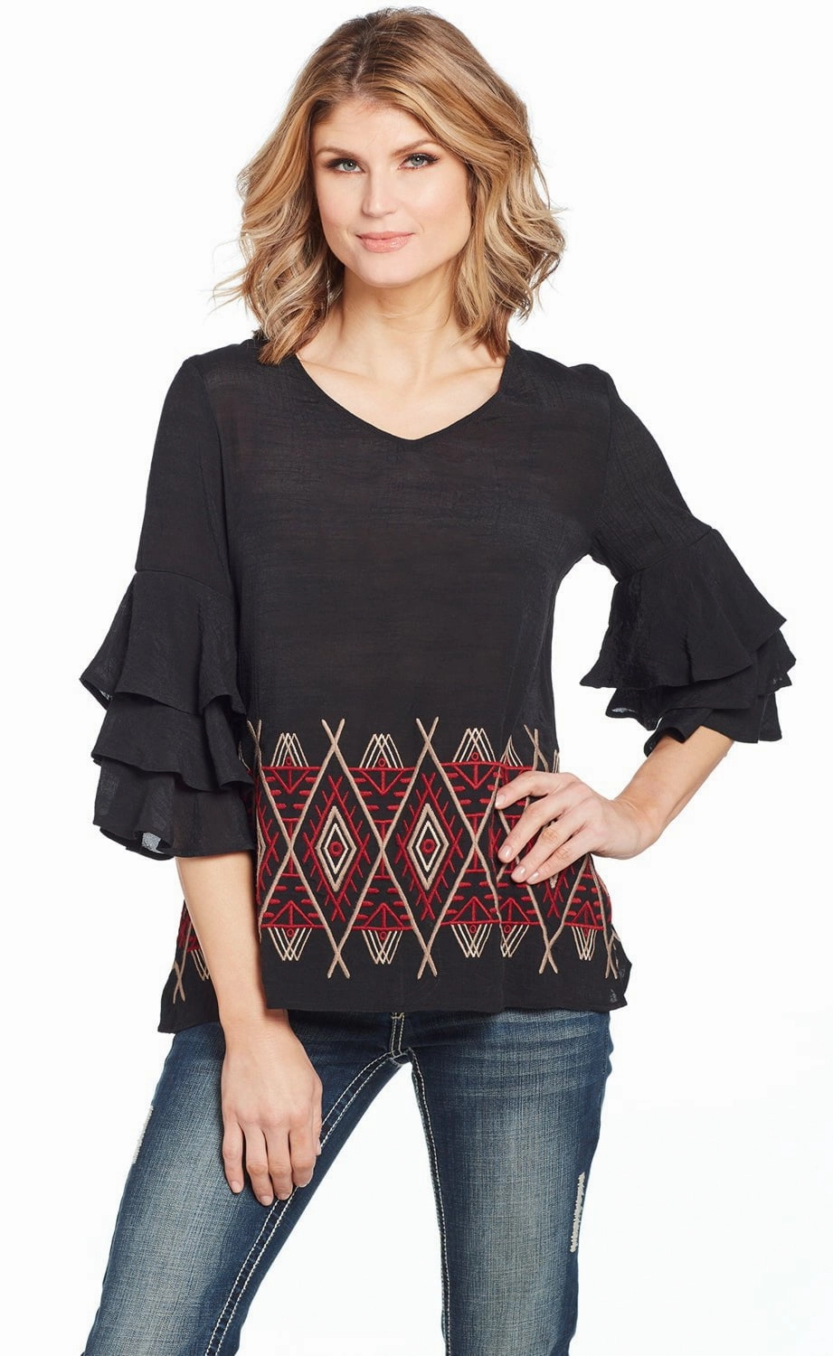 Cowgirl Up Womens Black/Red Rayon Geometric Ruffle Blouse S/S Easy Styling