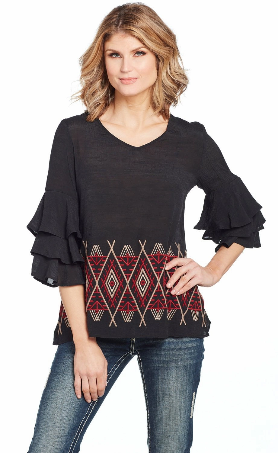 Cowgirl Up Womens Black/Red Rayon Geometric Ruffle Blouse S/S Durable Material