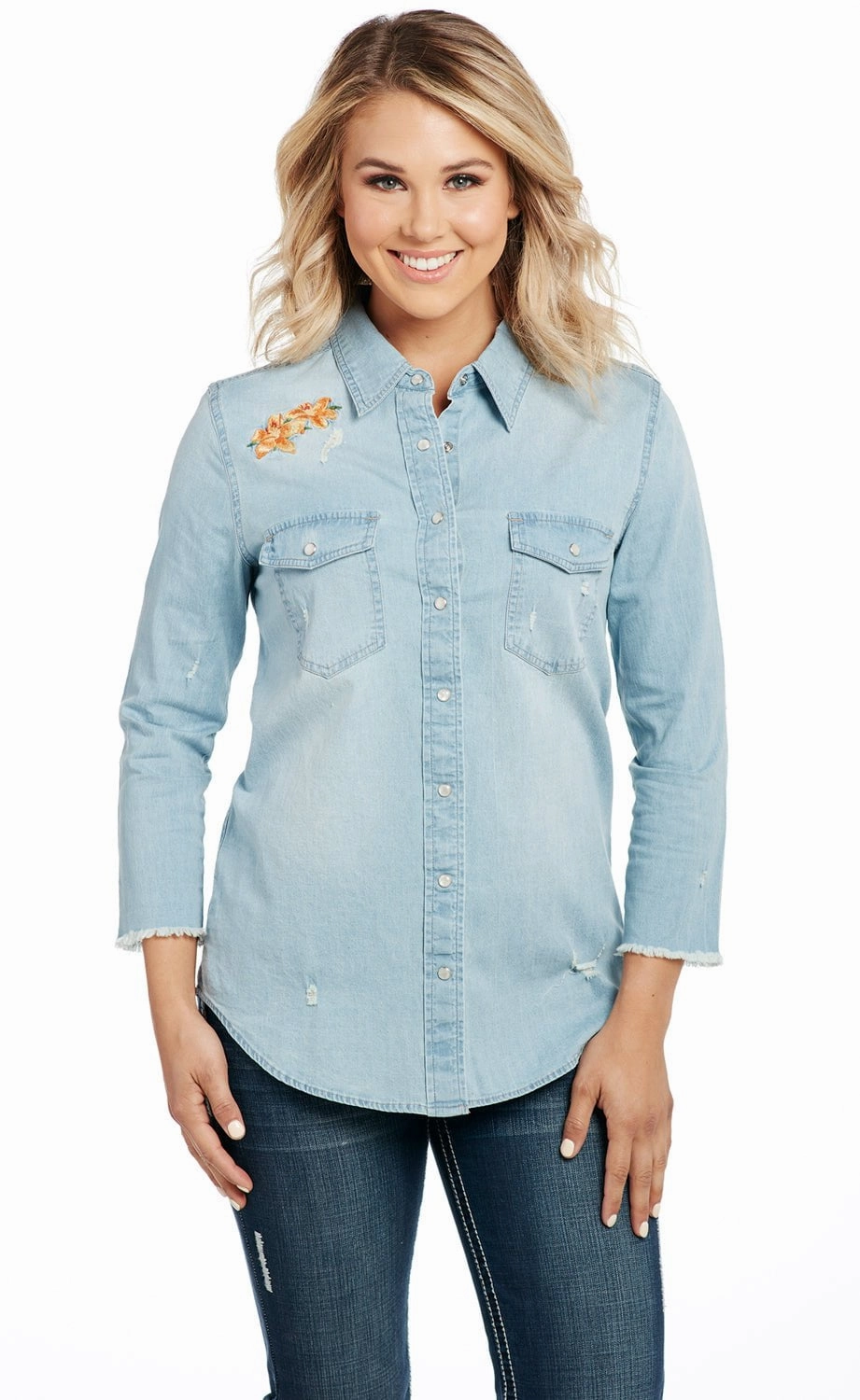 Cowgirl Up Womens Blue Cotton Blend Stonewash Raw Western Shirt S/S mix and match Corporate Wear