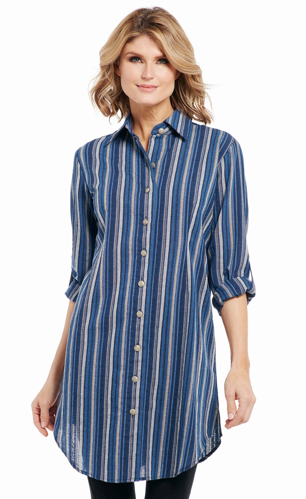 Cowgirl Up Womens Blue/Grey Cotton Blend Navajo Stripe Duster Dress L/S Organic Cotton Blend