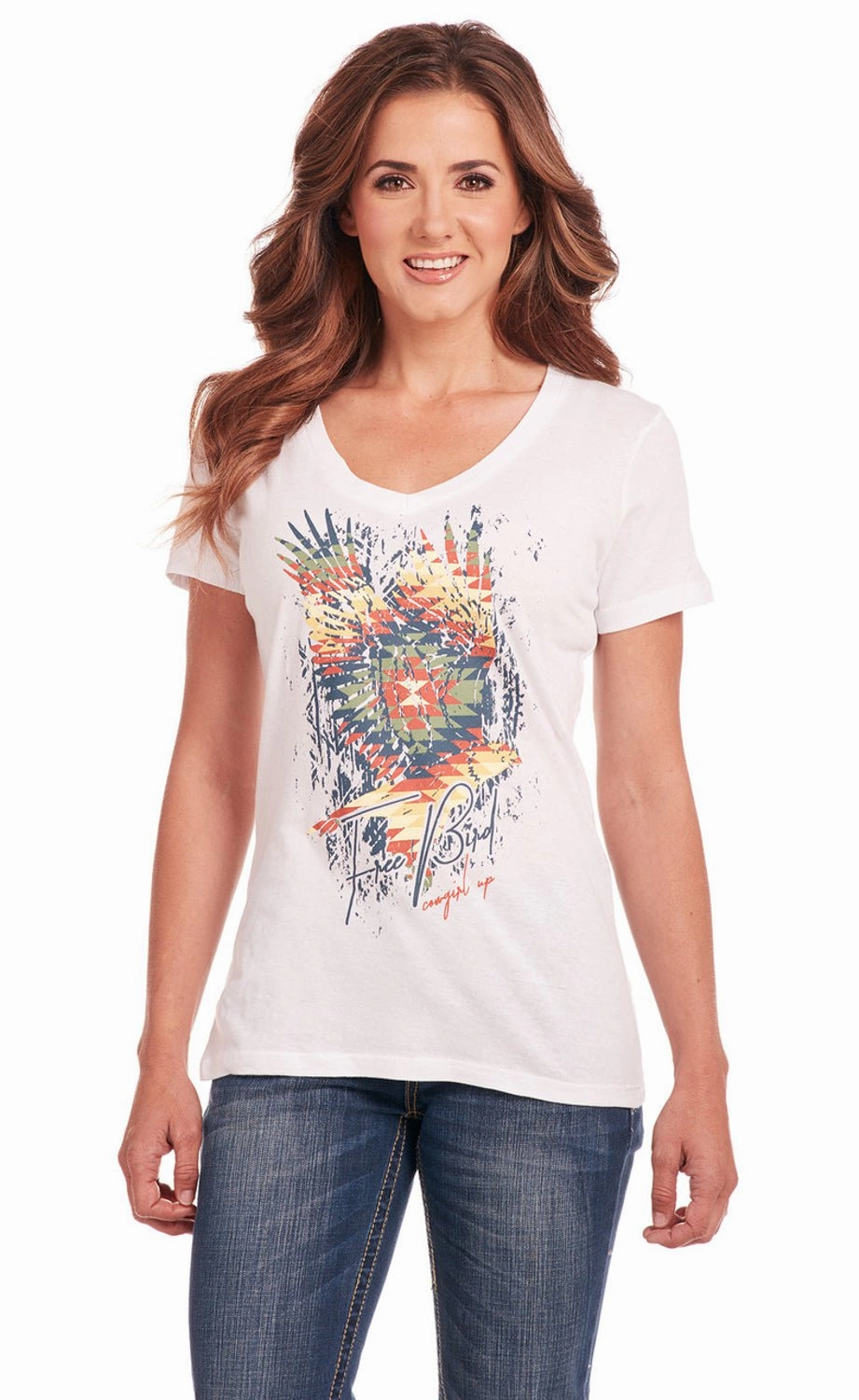Subtle Print Cowgirl Up Womens Free Bird V-Neck White 100% Cotton S/S T-Shirt