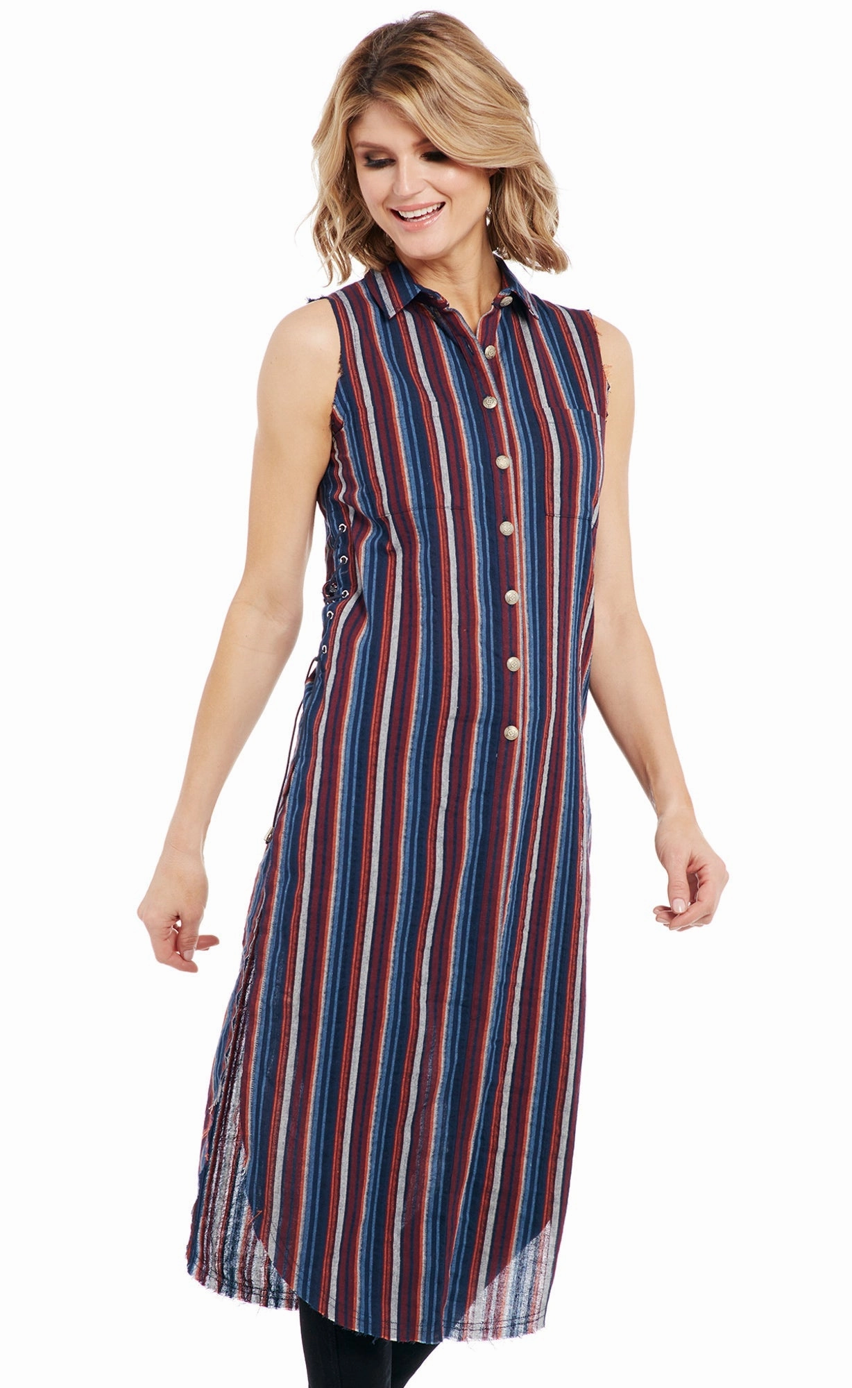 Soft Hue Cowgirl Up Womens Multi-Color Cotton Blend Striped Duster Dress S/L