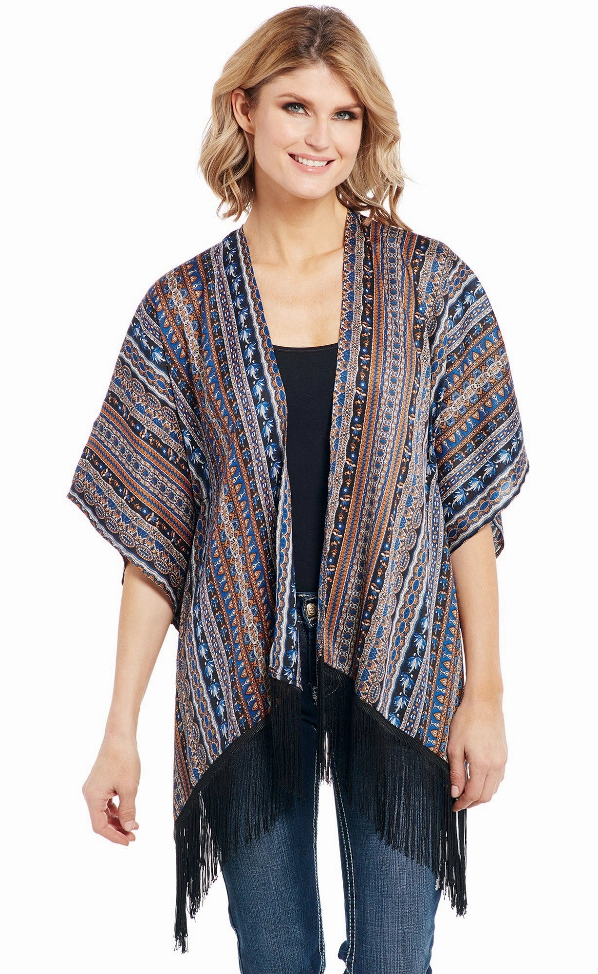 Cowgirl Up Womens Multi-Color Polyester Fringe Hem Kimono Cardigan S/S FlexibleFit Abrasion Proof Shoulders