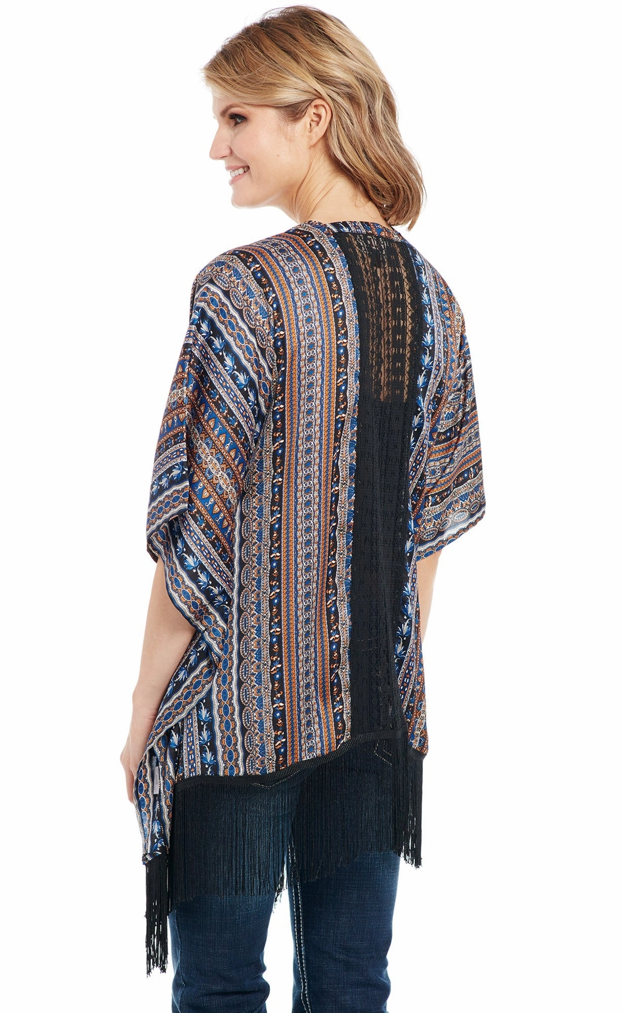 Comfy chic Soft Layering Cowgirl Up Womens Multi-Color Polyester Fringe Hem Kimono Cardigan S/S