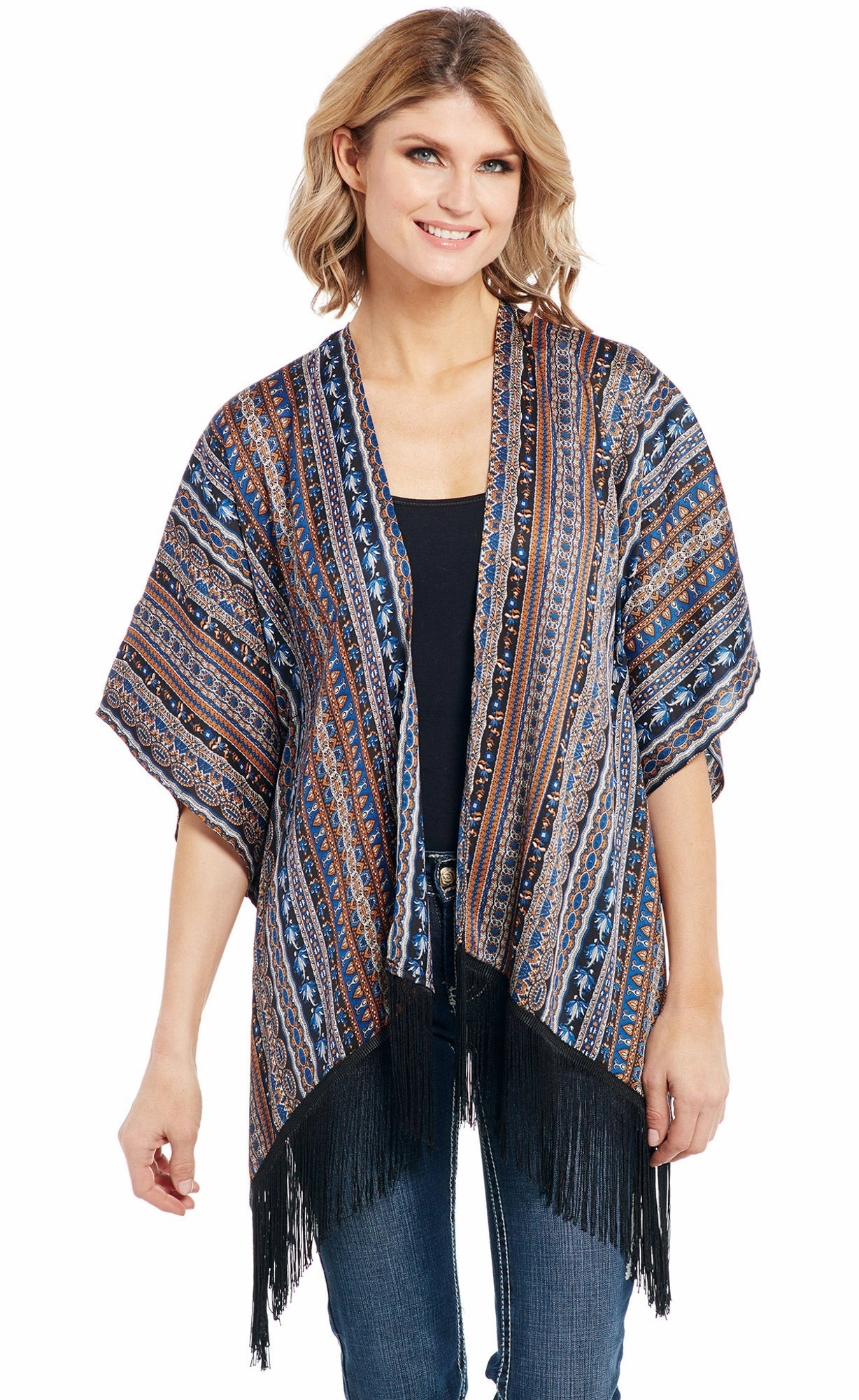 Draft Block Pocket Details Cowgirl Up Womens Multi-Color Polyester Fringe Hem Kimono Cardigan S/S