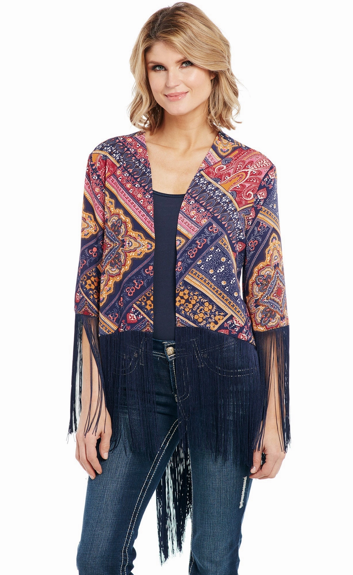 Cowgirl Up Womens Multi-Color Polyester Hi-Lo Kimono Cardigan Anti Static Finish
