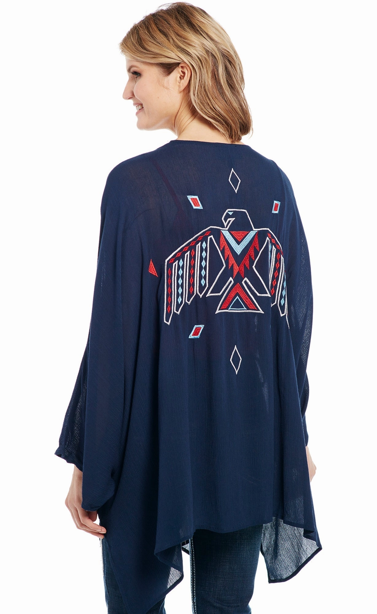 Cowgirl Up Womens Navy 100% Rayon Embroidered Kimono Cardigan Flatlock Seam Construction High Collar Options