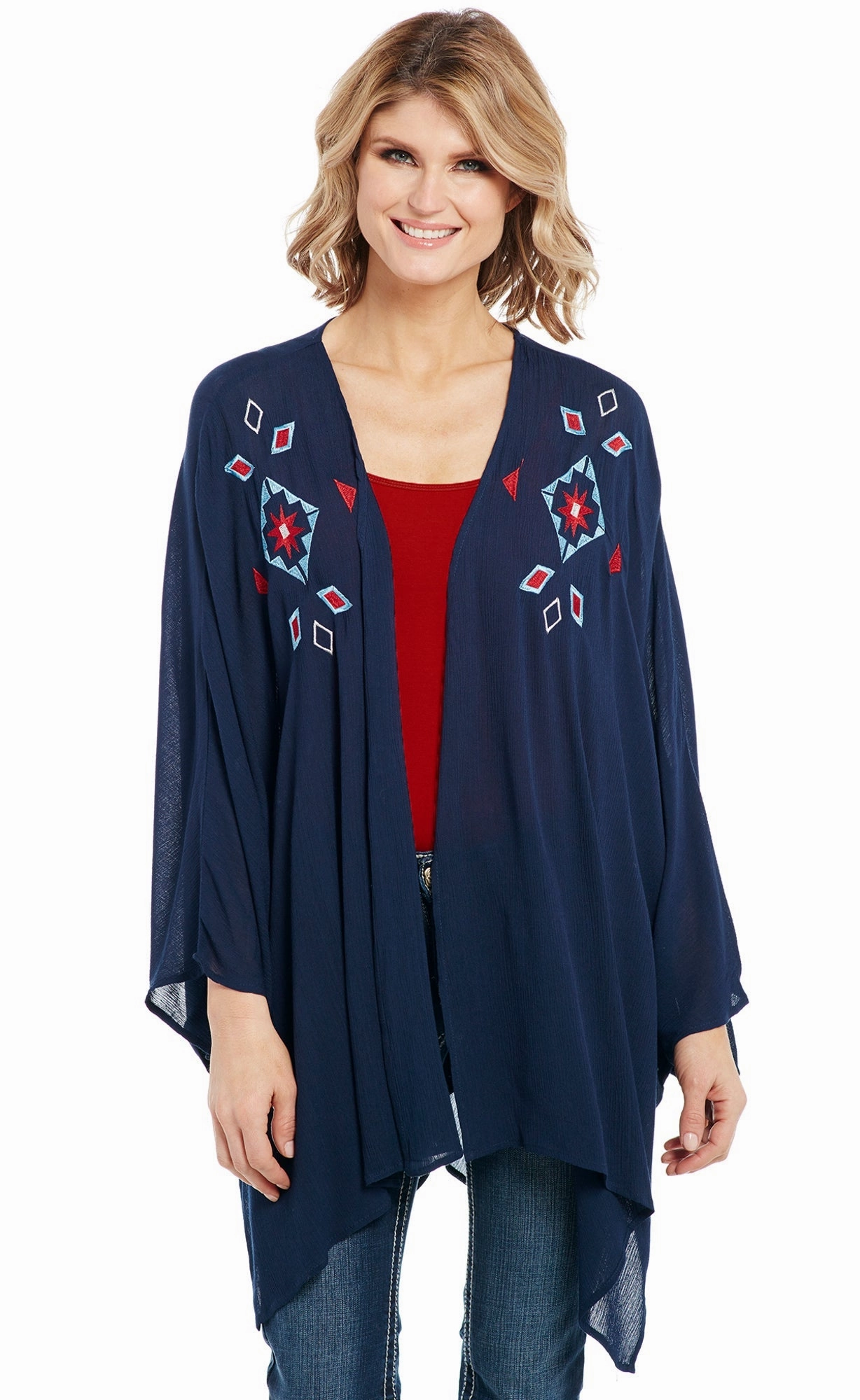 Cowgirl Up Womens Navy 100% Rayon Embroidered Kimono Cardigan Thick Fabric