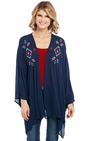 Cowgirl Up Womens Navy 100% Rayon Embroidered Kimono Cardigan Thick Fabric