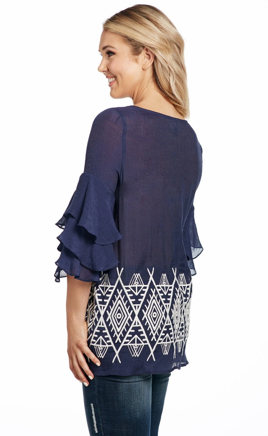 stain resistant coating Pocket Detailing Cowgirl Up Womens Navy Rayon 3-Tier Ruffle Tunic S/S