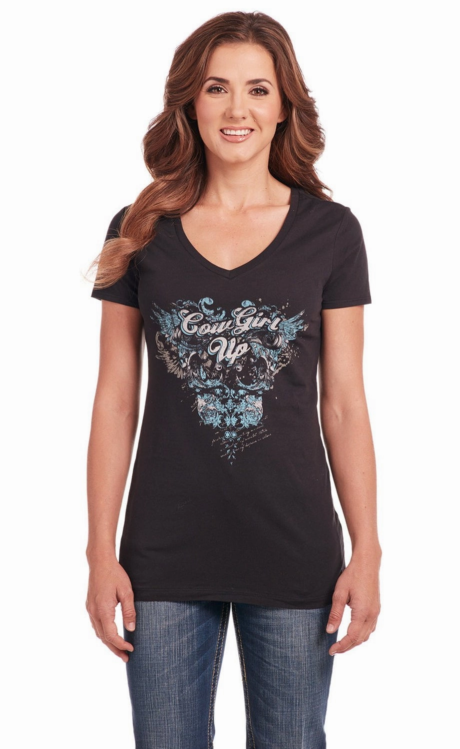 Cowgirl Up Womens Ornate V-Neck Black 100% Cotton S/S T-Shirt Rugged Style Brunch Outfit