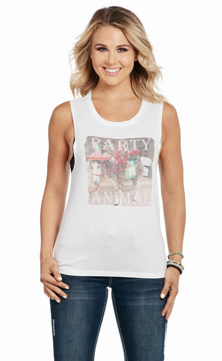 Versatile Layering Piece Cowgirl Up Womens Party Animal Flowy White Polyester S/L Tank Top