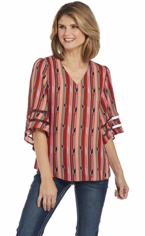 Effortless Comfort Adjustable Hem Cowgirl Up Womens Red/Green Polyester Striped Blouse S/S