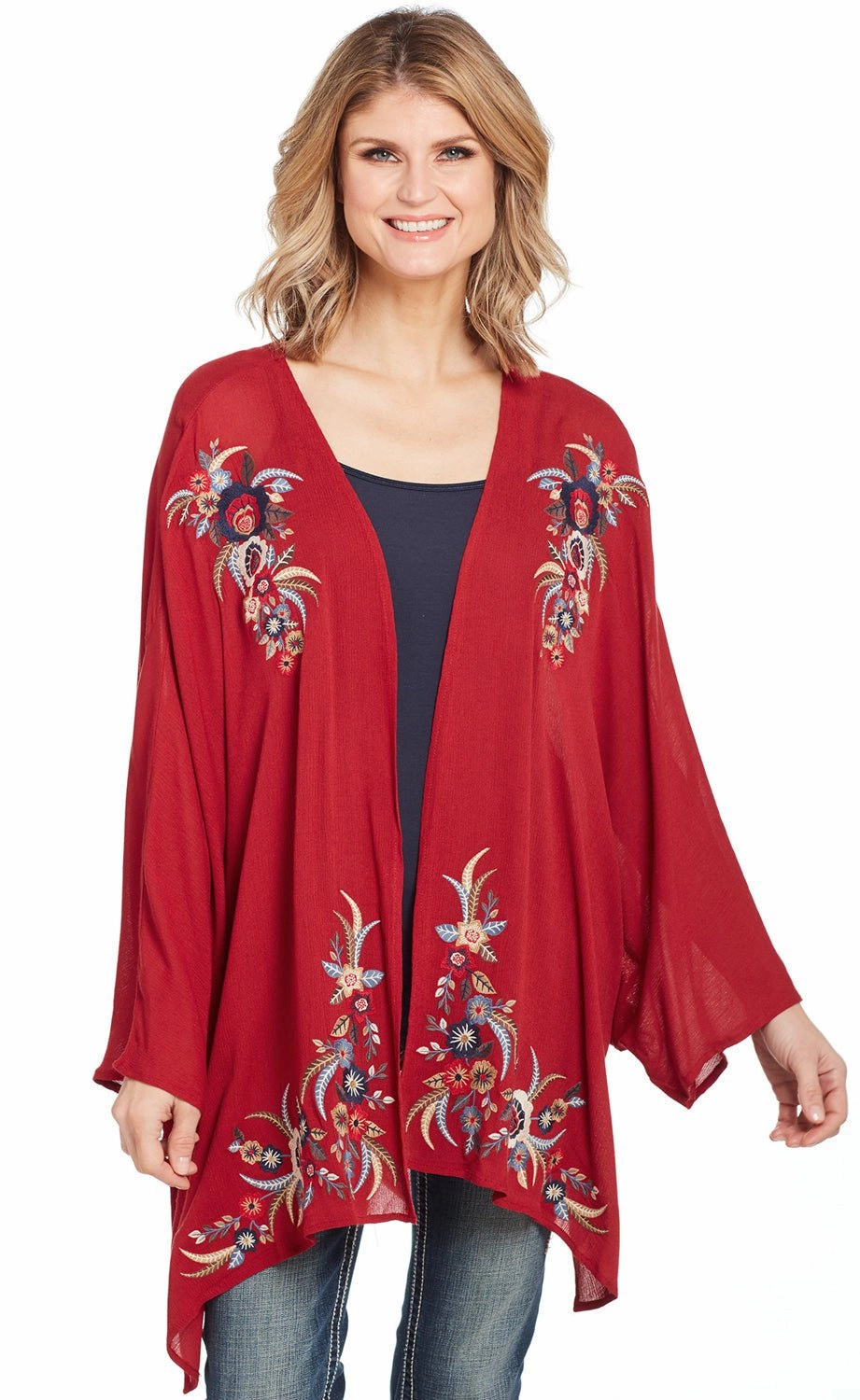 Touchscreen Compatible Cuffs Cowgirl Up Womens Red Rayon Open Kimono Sweater