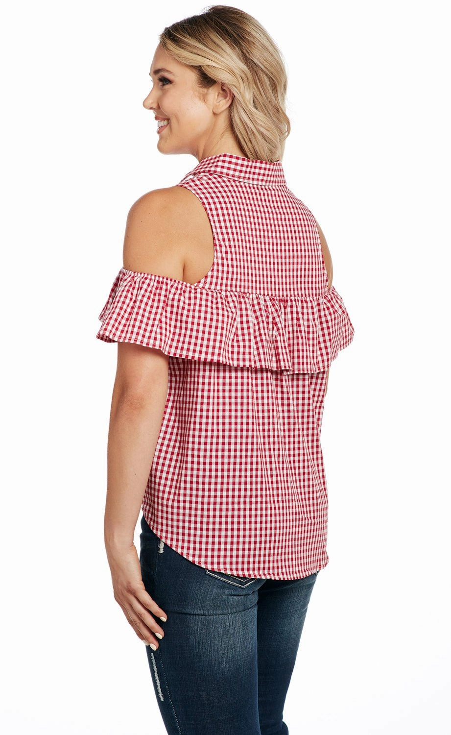 Cowgirl Up Womens Red/White 100% Cotton Gingham Flounce Tank Top S/L Bold Graphics Loose Fit