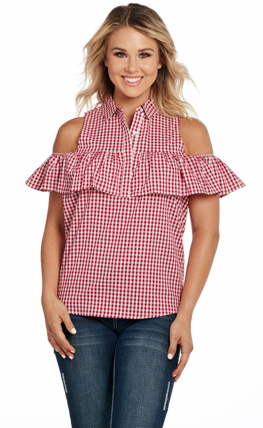 Cowgirl Up Womens Red/White 100% Cotton Gingham Flounce Tank Top S/L garden party Youthful Style