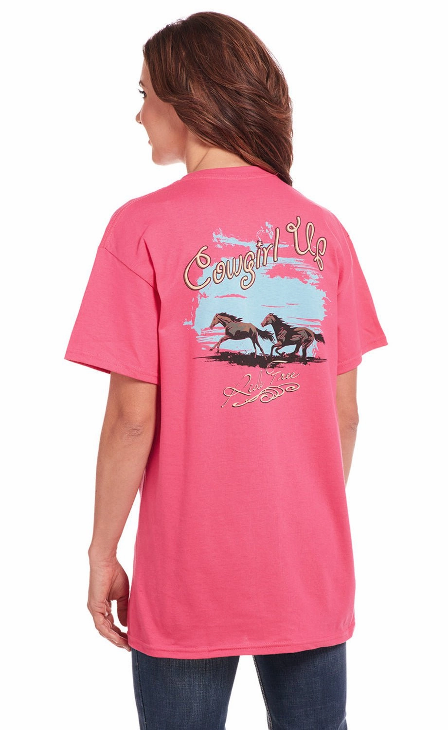 Cowgirl Up Womens Roam Free Boyfriend Pink 100% Cotton S/S T-Shirt Interview Ready Country Charm
