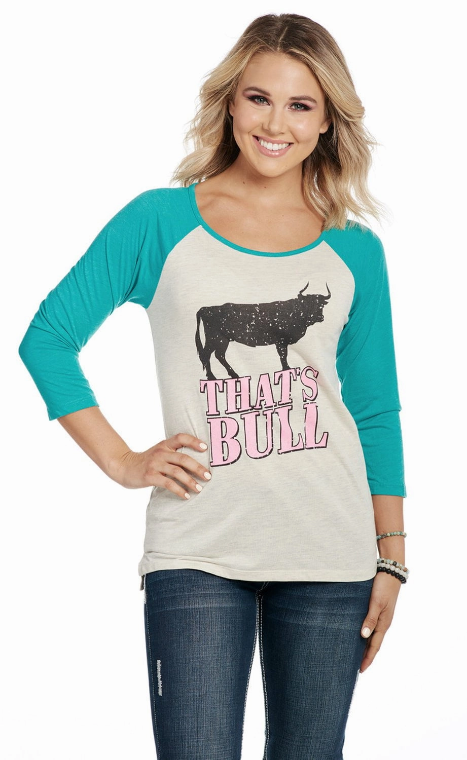 Cowgirl Up Womens That Is Bull Oatmeal/Turquoise Cotton Blend S/S T-Shirt Adjustable Cuff Closure Odor Resistant
