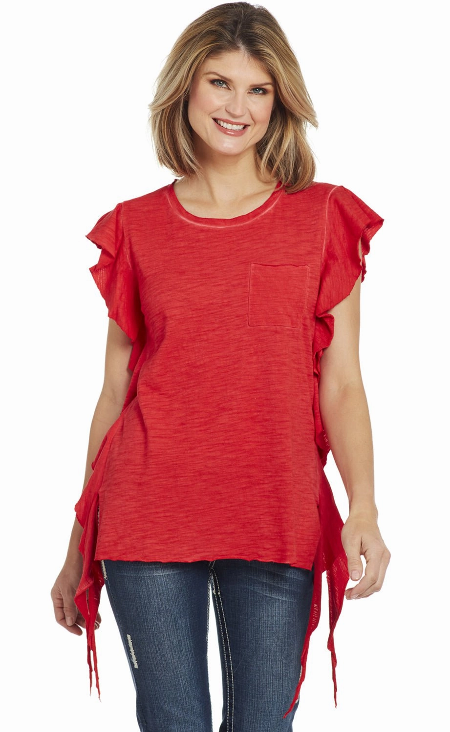 Unique Design Cowgirl Up Womens Vintage Red 100% Cotton Pocket Top Tunic S/L
