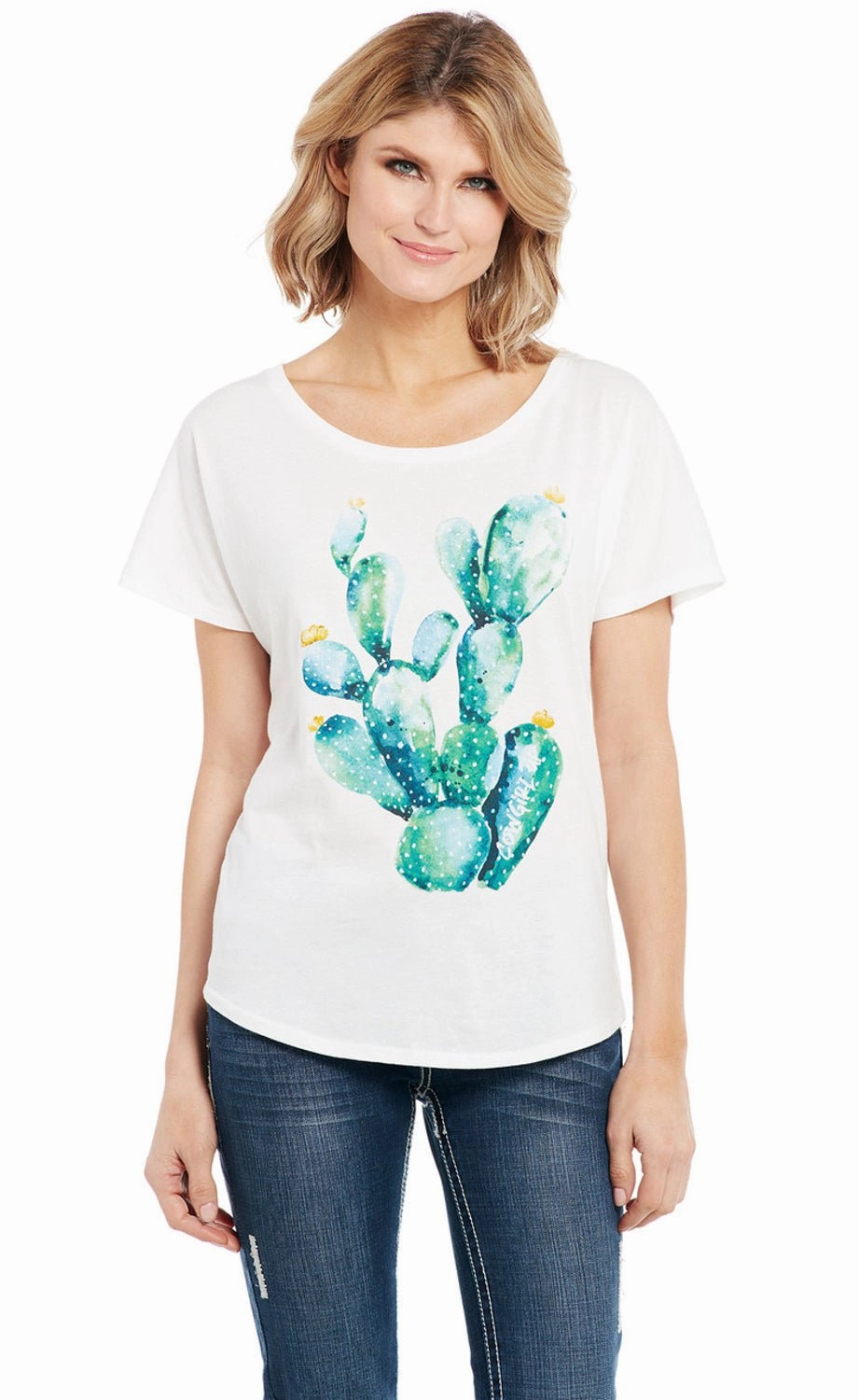 Outdoor Adventure Temperature Regulating Cowgirl Up Womens Watercolor Cactus White 100% Cotton S/S T-Shirt
