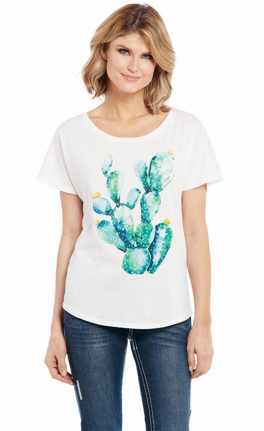 Cowgirl Up Womens Watercolor Cactus White 100% Cotton S/S T-Shirt Anniversary Special