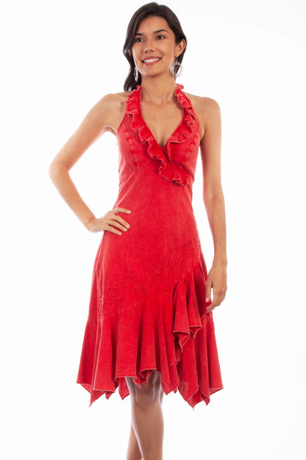 Scully Womens Brick 100% Cotton Ruffle Halter S/L Dress Chic and Simple