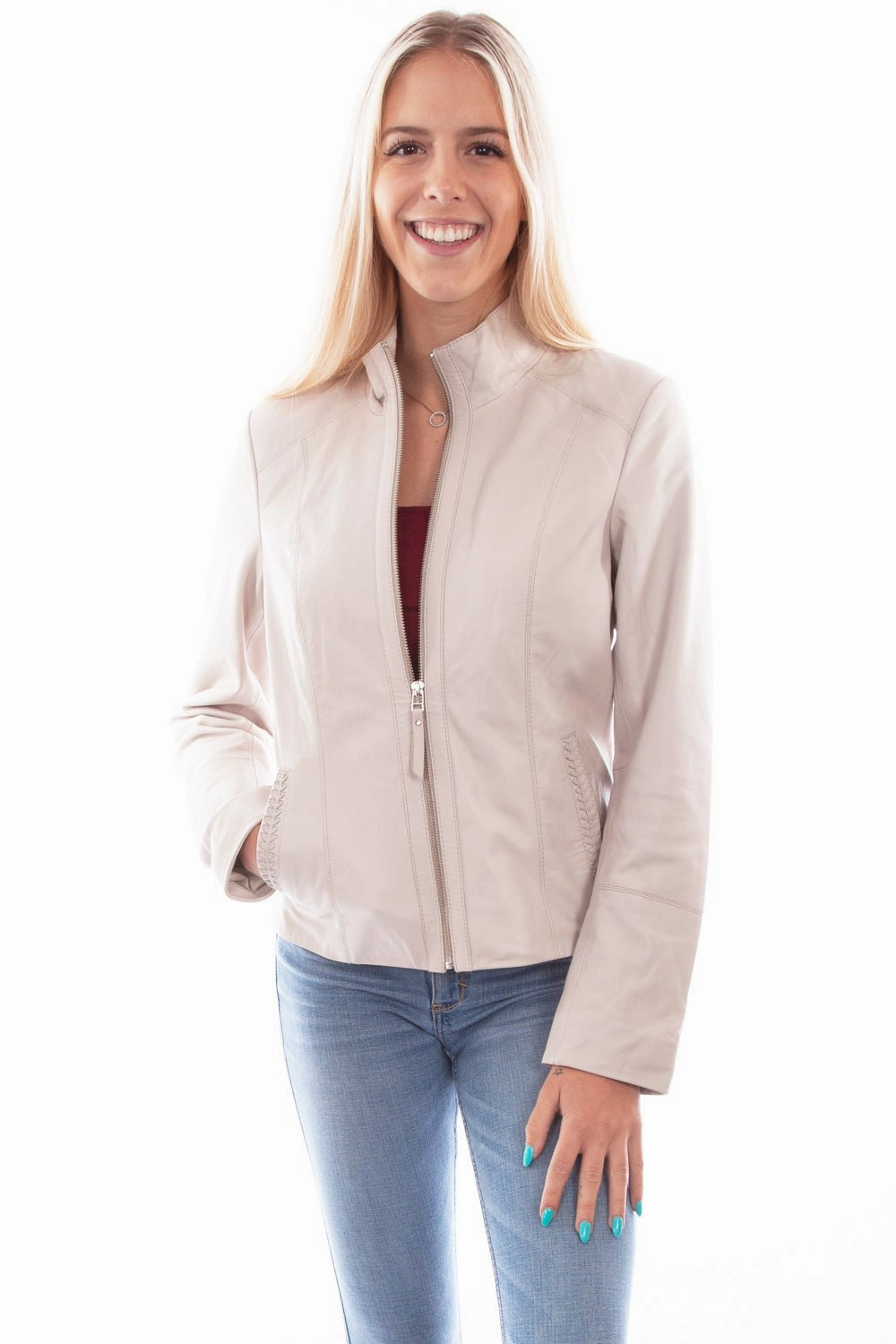 Wrinkle Resistant Scully Womens Beige Leather Zip Stand Up Jacket