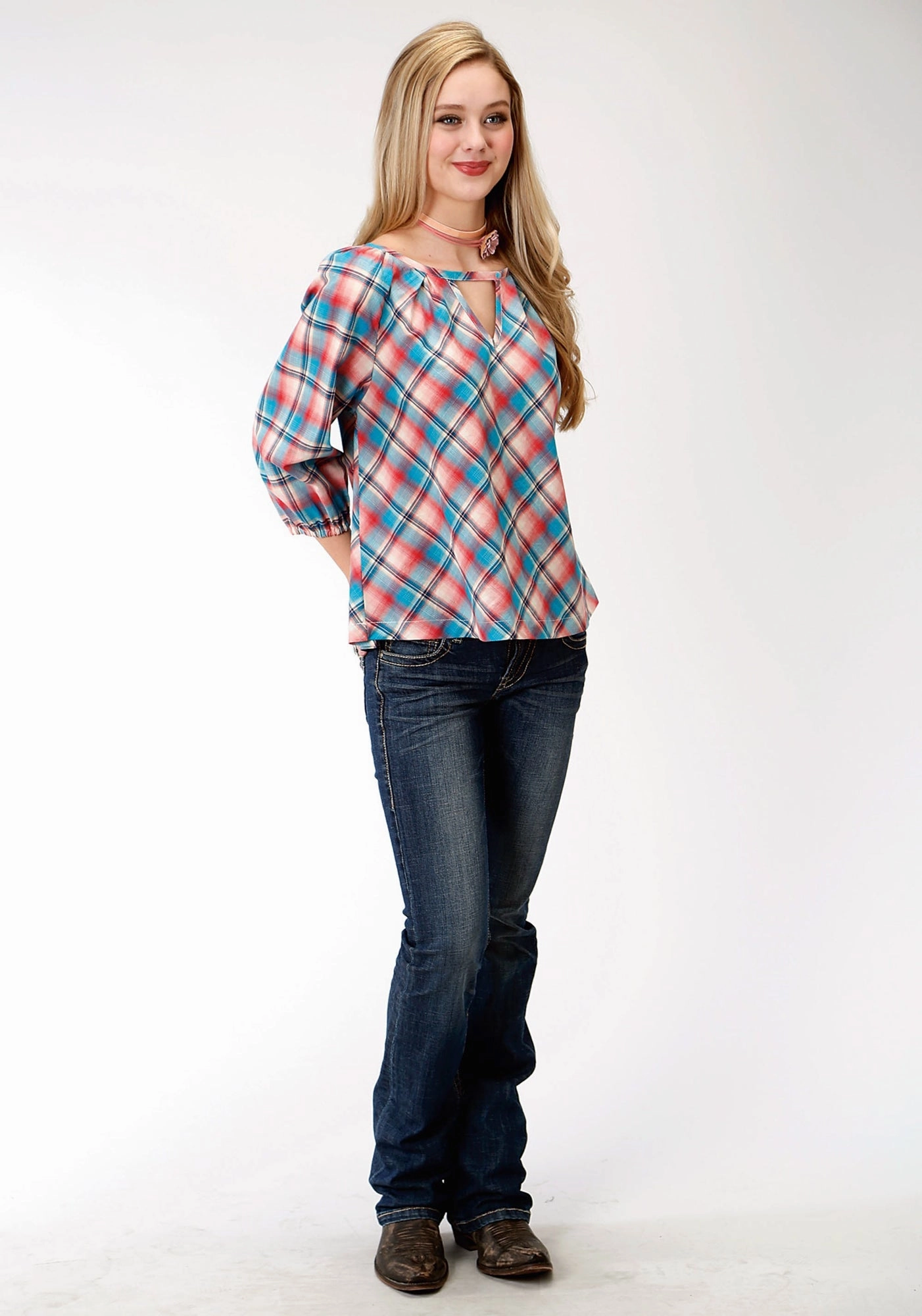 Roper Plaid Womens Red 100% Cotton Desert Sunrise S/S Blouse Fitted Design Travel Essential