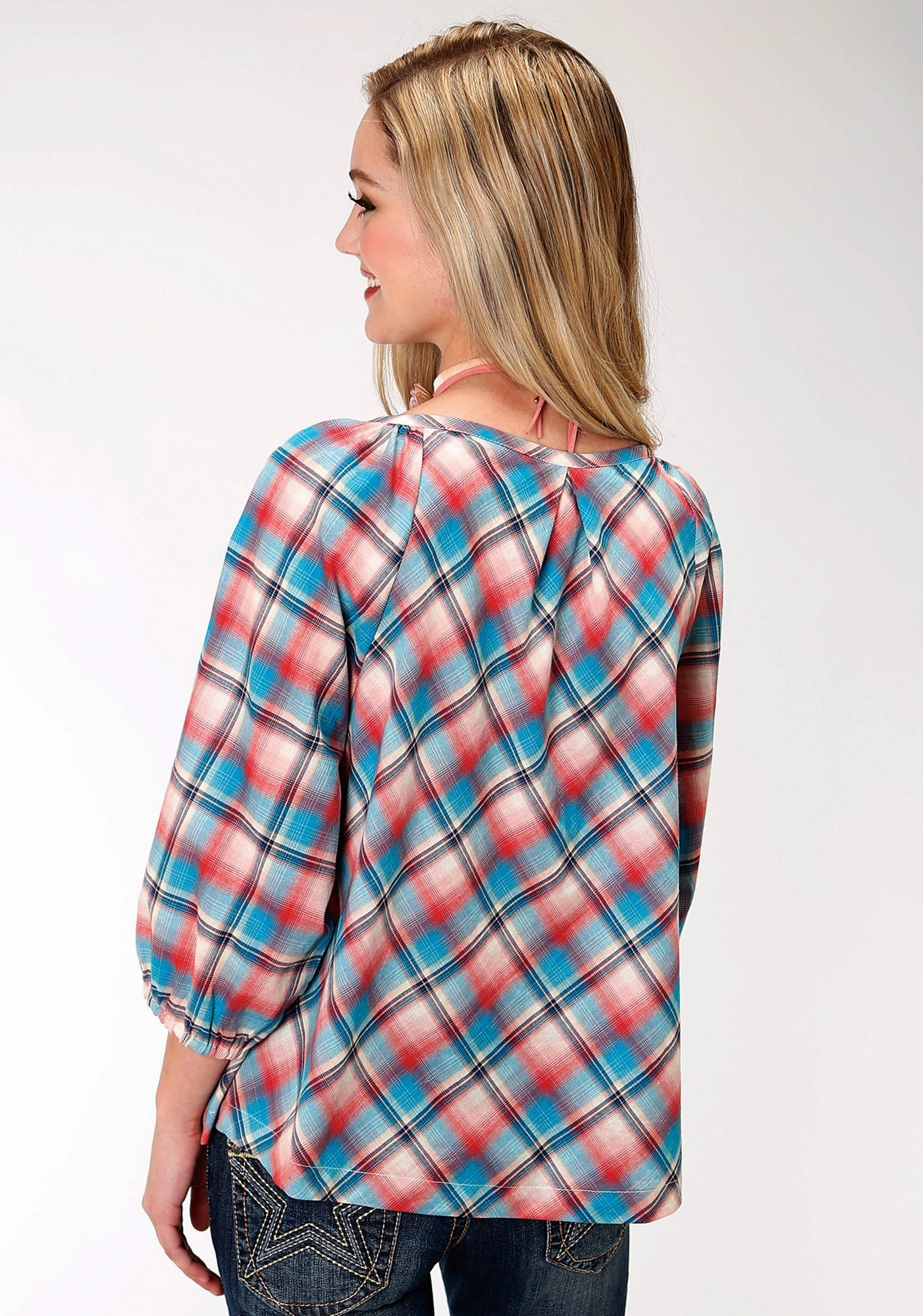Athleisure Wear Unisex style Roper Plaid Womens Red 100% Cotton Desert Sunrise S/S Blouse