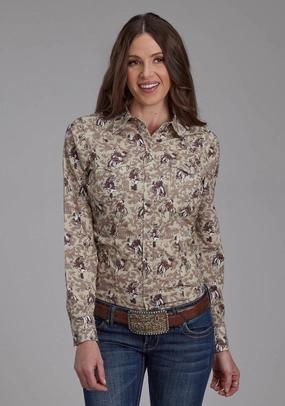 Unstructured Shoulder Roper Womens Brushstroke Cowboys Brown 100% Cotton L/S Shirt