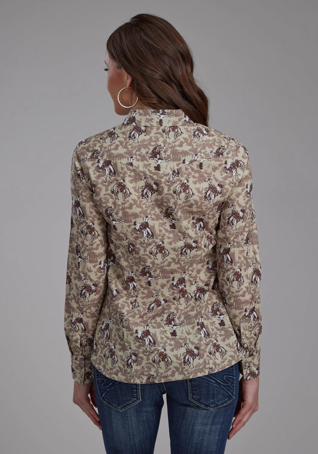 Roper Womens Brushstroke Cowboys Brown 100% Cotton L/S Shirt Fitted Shape Reinforced Side Vents