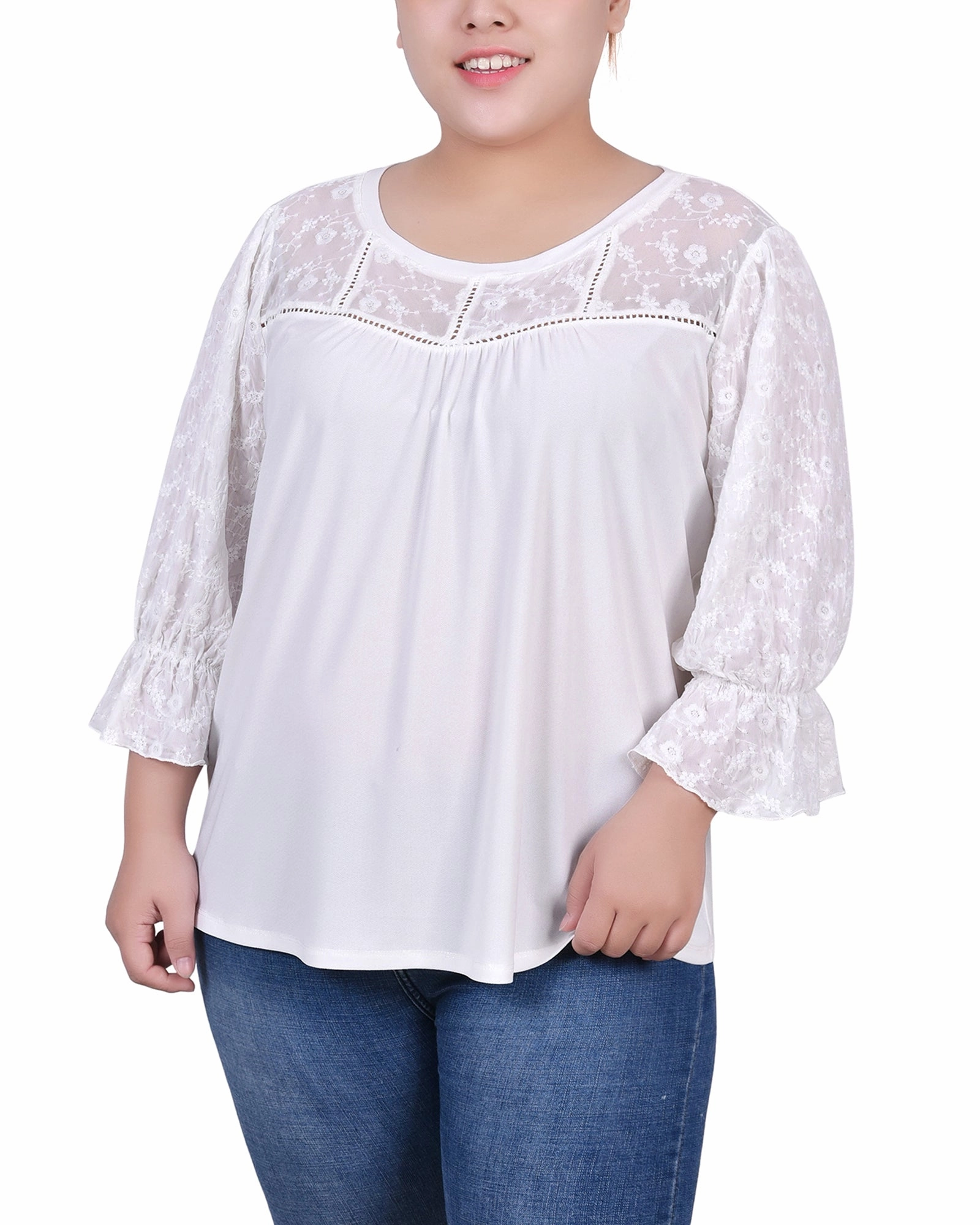 Chic Layers Polished Form Plus Size 3/4 Sleeve Crepe Top With Embroidered Mesh Yoke And Sleeves