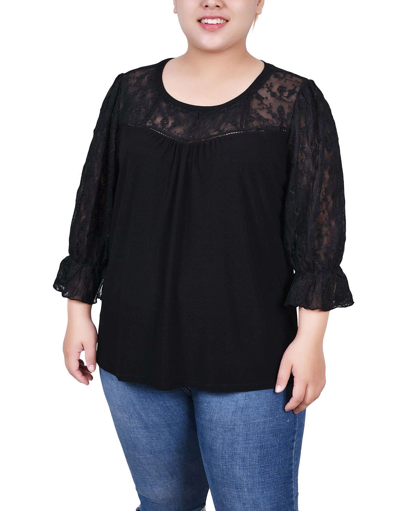 RollUpSleeves Plus Size 3/4 Sleeve Crepe Top With Embroidered Mesh Yoke And Sleeves
