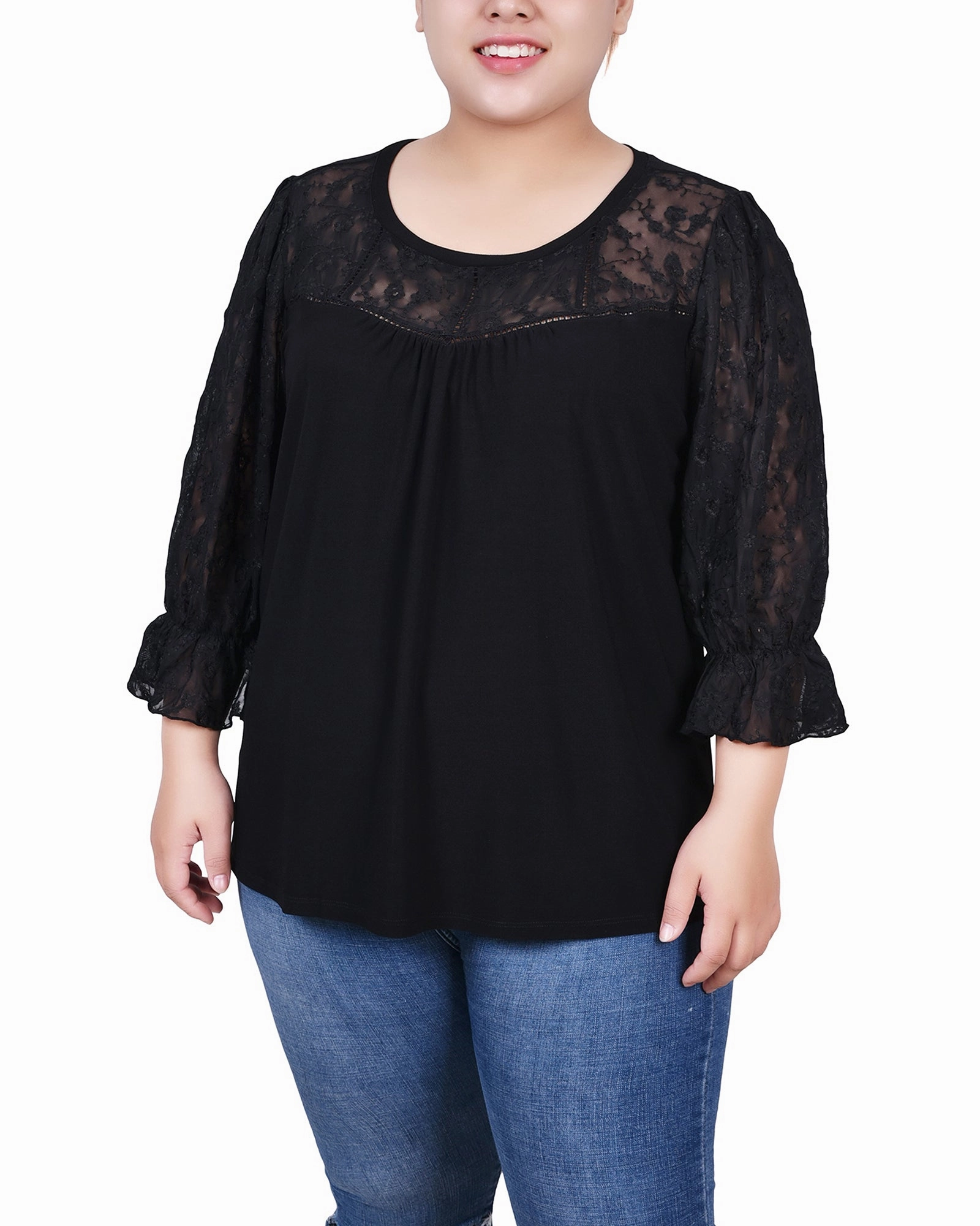 Plus Size 3/4 Sleeve Crepe Top With Embroidered Mesh Yoke And Sleeves Comfy Style Anti Static Weave Technology