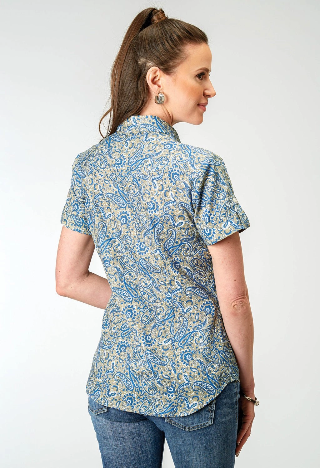 Unisex style Non Iron Roper Womens Delft Paisley Blue 100% Cotton S/S Shirt