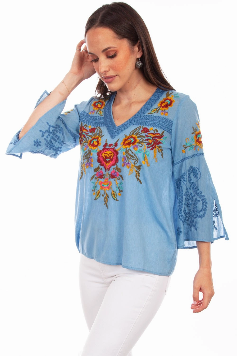 Scully Womens Blue Multi 100% Cotton Detailed Floral S/S Blouse Business Meeting